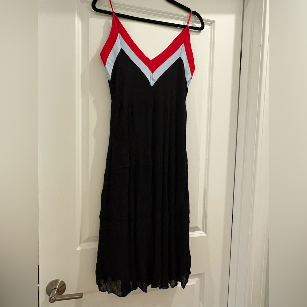 Catherine Malandrino Pleated Black Maxi Dress with Red & Blue V-Neck (Size L)
